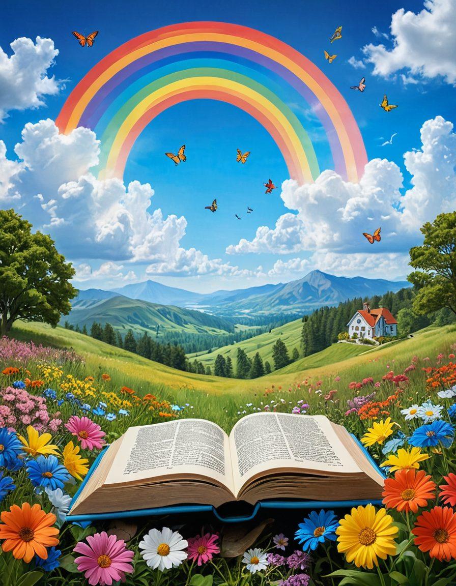 A vibrant, whimsical landscape filled with colorful tools symbolizing joy and contentment, such as a magnifying glass uncovering a smile, a compass pointing to a heart, and a book with pages flying out as butterflies. The background features a bright sun shining over rolling hills and blooming flowers. Soft clouds and a rainbow arcing across the sky create an uplifting atmosphere. dreamy illustration. vibrant colors. 3D effect.