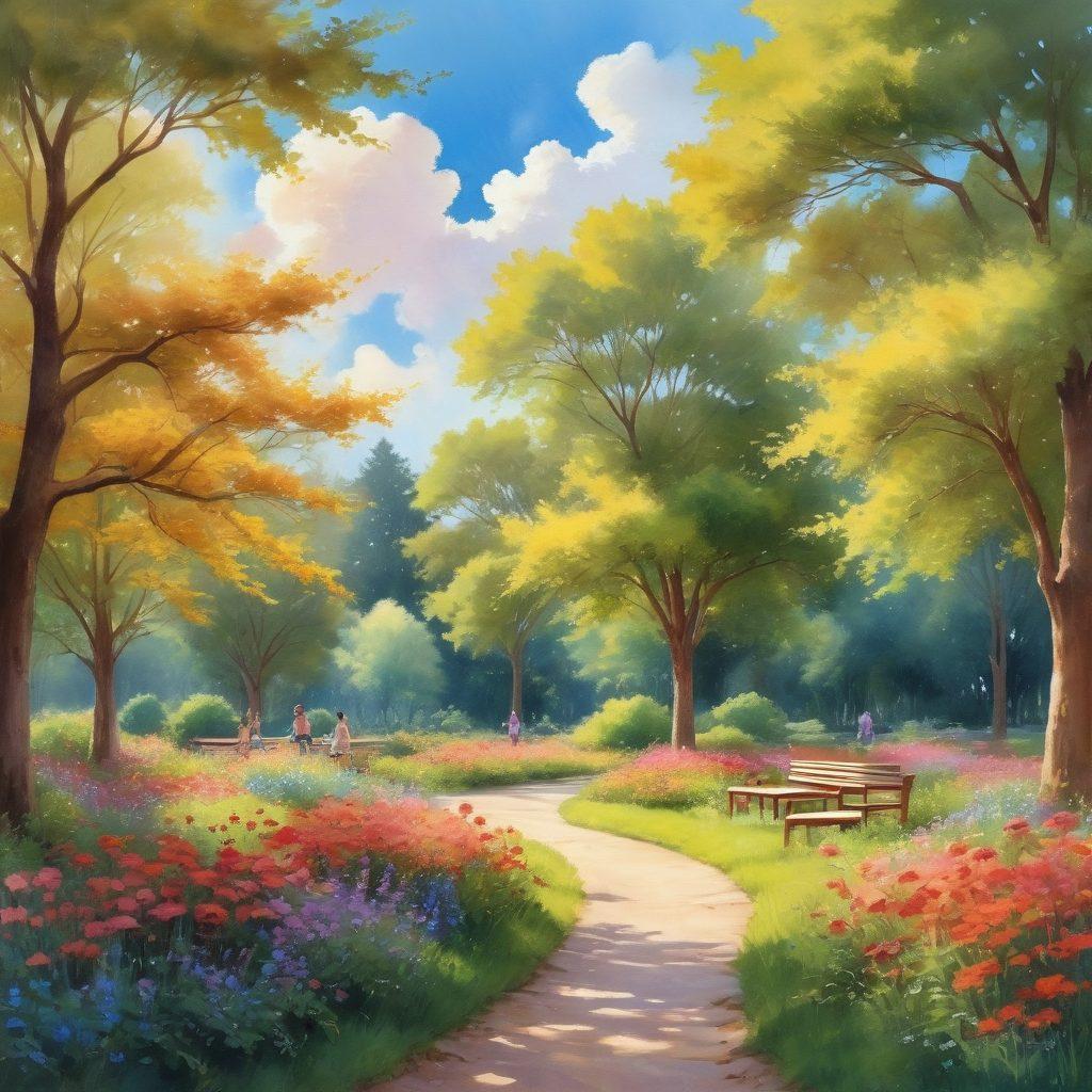 A serene landscape featuring a diverse group of people engaging in joyful activities like laughter, meditation, and sharing stories in a sunlit park. Vibrant flowers and trees surround them, symbolizing growth and positivity, while soft clouds float in a clear blue sky. The scene conveys warmth, connection, and the essence of happiness. watercolor painting. warm tones. uplifting atmosphere.